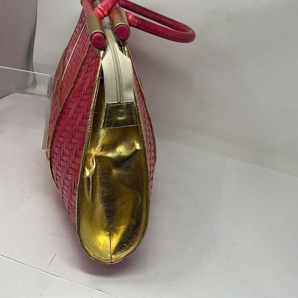 Pink Rattan Gold Lame Leather Zip Large Structured Handbag - Picture 4 of 16